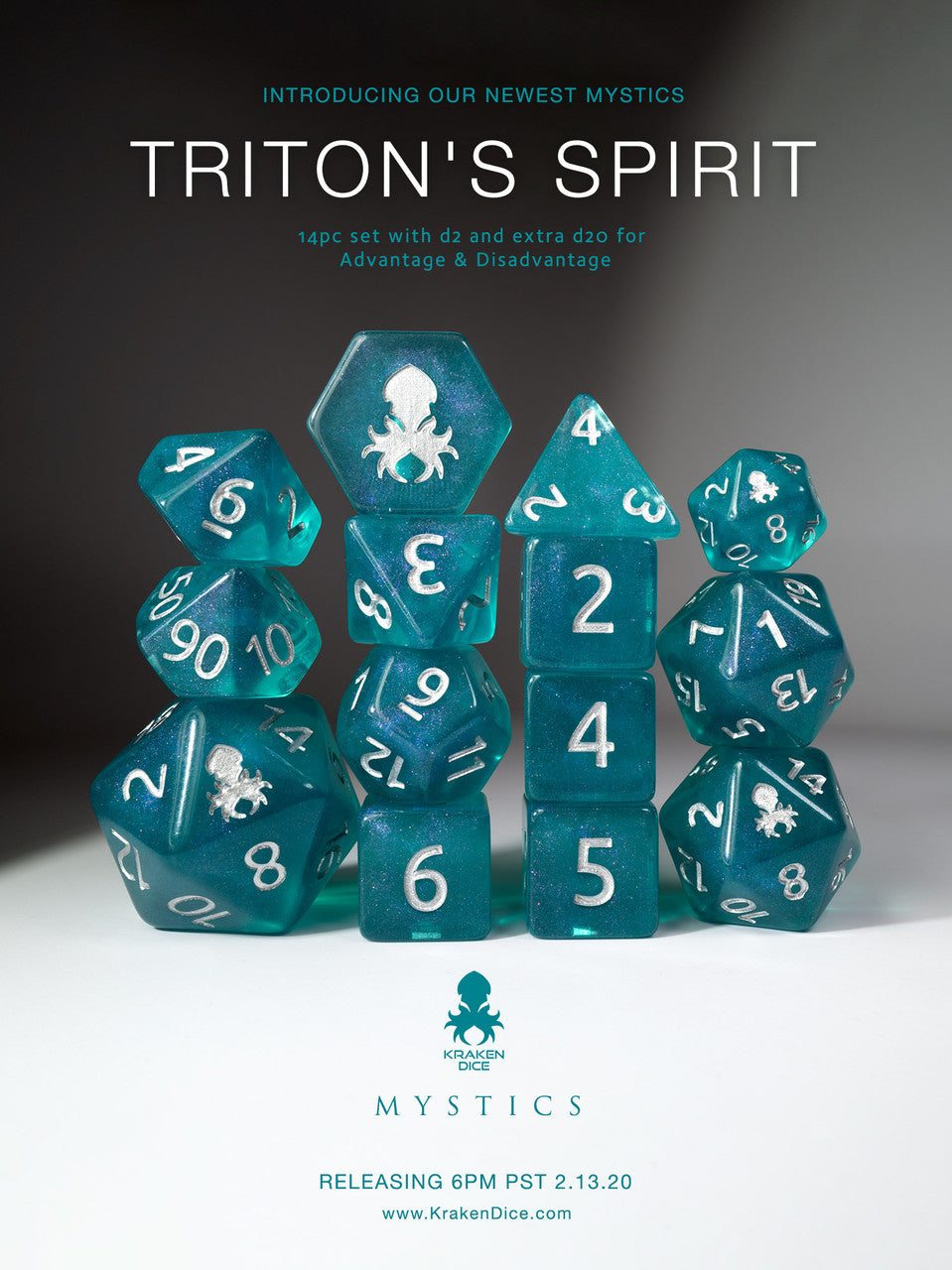 Triton's Spirit 14pc Polyhedral Dice set with Silver Ink